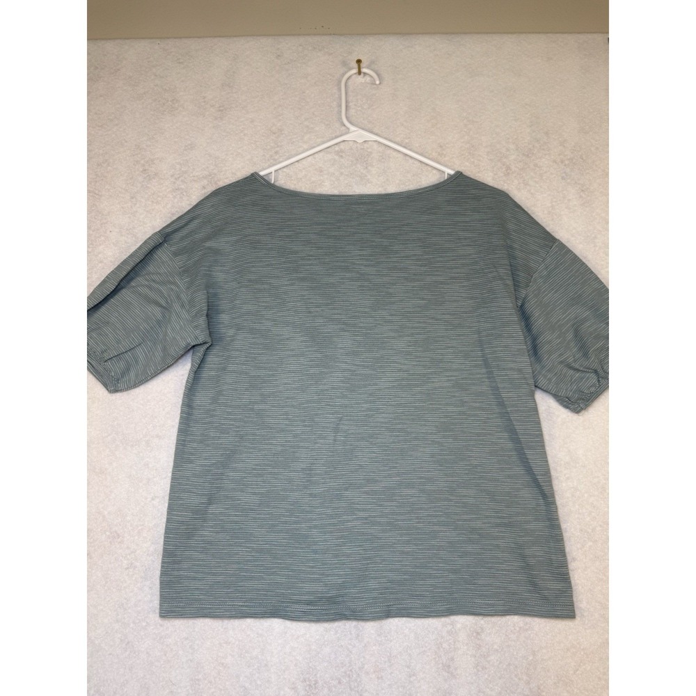 LOFT Outlet Top Womens Medium Green Stripe Henley Puff Sleeve Casual Knit Tee - Picture 6 of 6